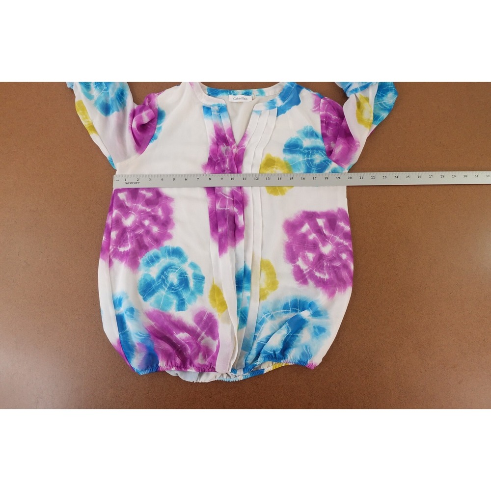 Calvin Klein Womens Small Colorful Tie Dye Chiffon Pleated 3/4 Sleeve V Neck Top - Picture 6 of 9